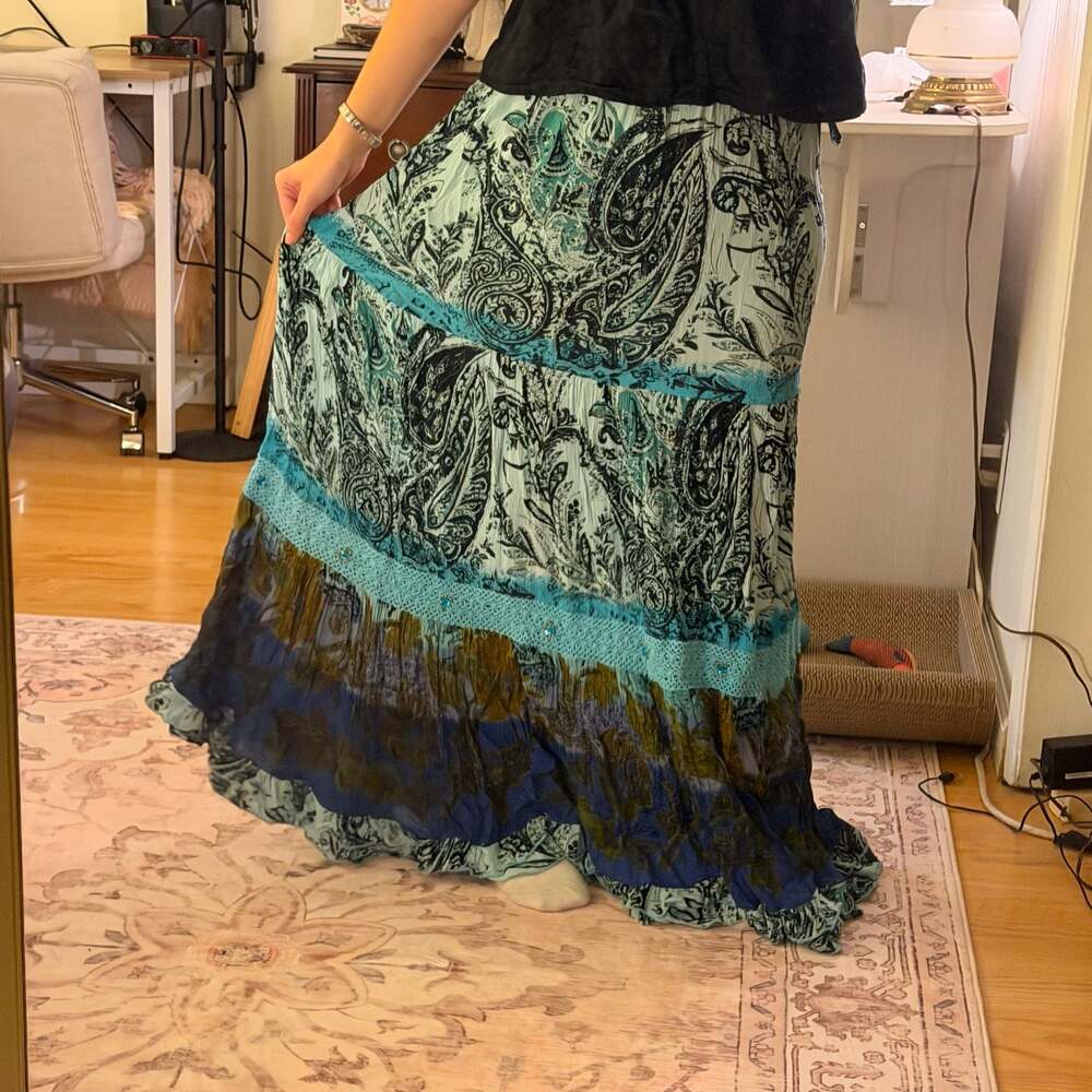 Forbidden Los Angeles Tiered Boho Maxi Skirt Small Blue Paisley Rayon